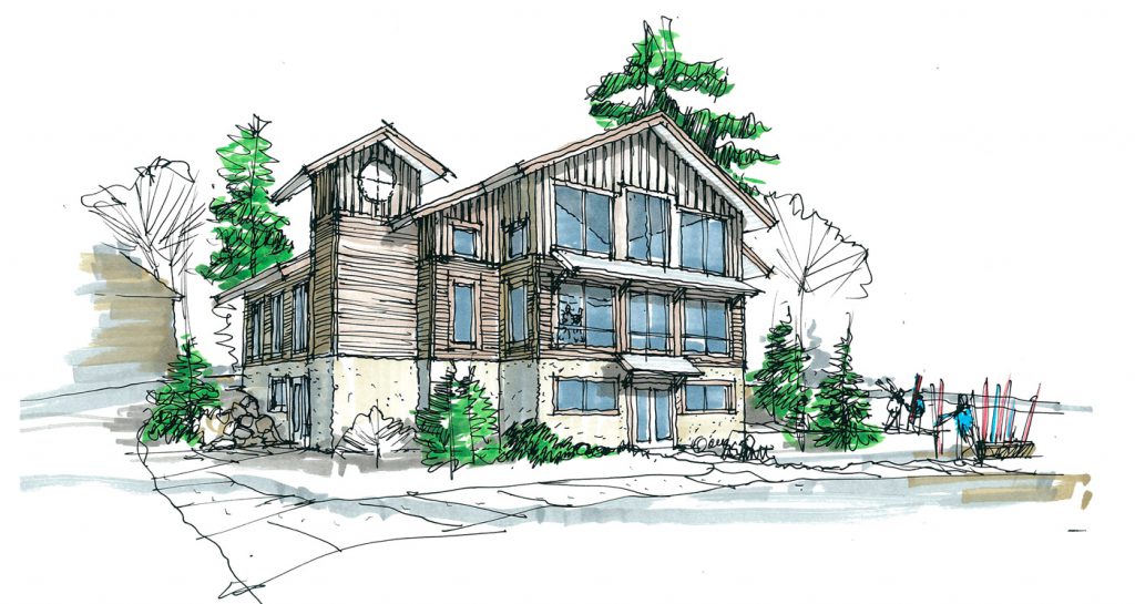 Archectictual drawing of the proposed chalet with a third floor and a clock tower housing an elevator shaft.